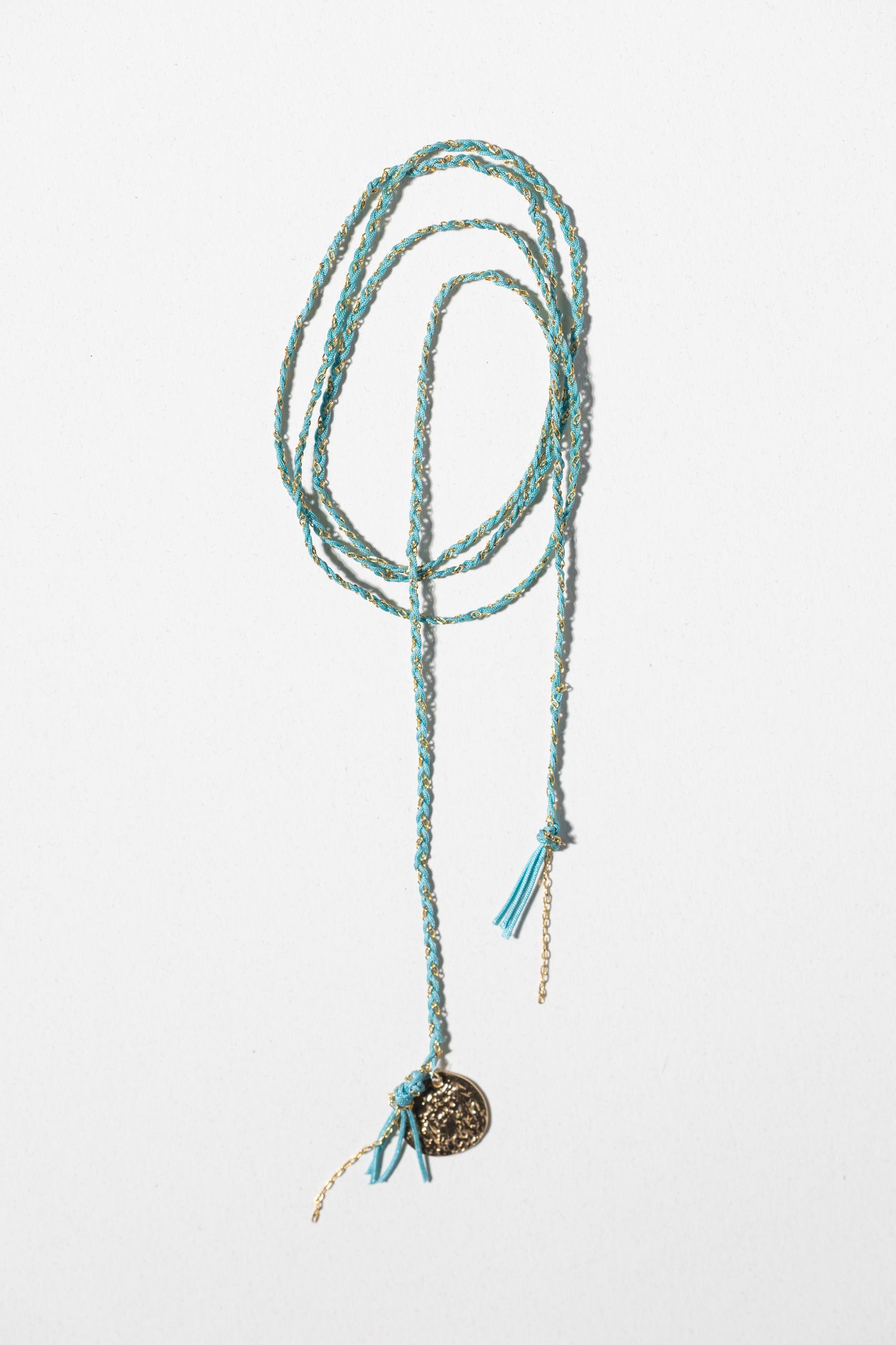 Gold-plated necklace made with turquoise nylon thread - Image 2