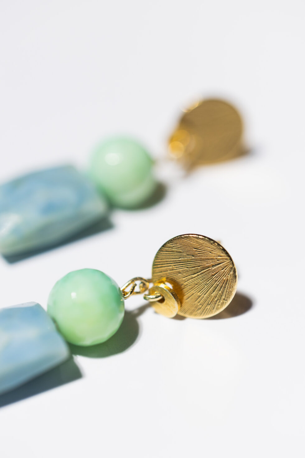 Golden earrings with chrysoprase and peruvian opal